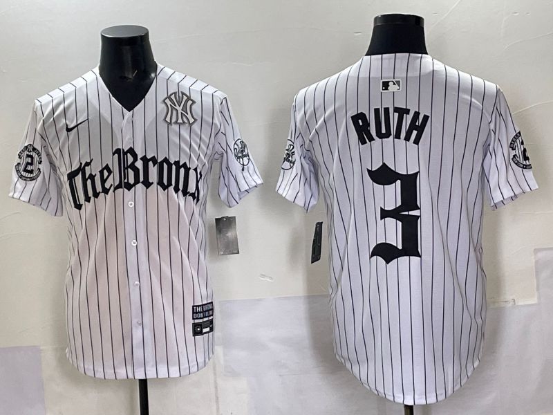 Men 2025 New York Yankees #3 Ruth White Stripe Five generations Joint Name Nike MLB Jersey style 08